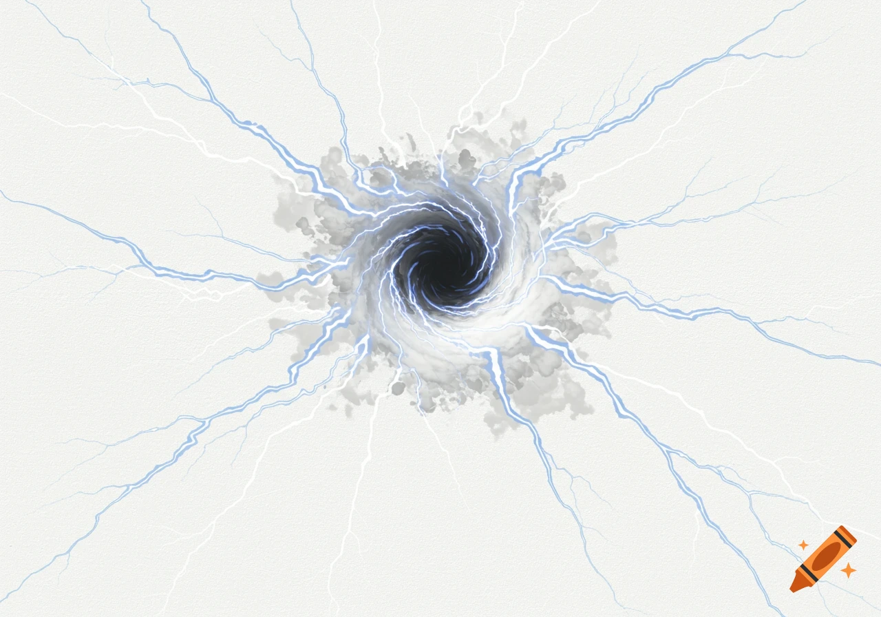 A black swirling vortex surrounded by white smoke and blue lightning strikes on a textured white background.