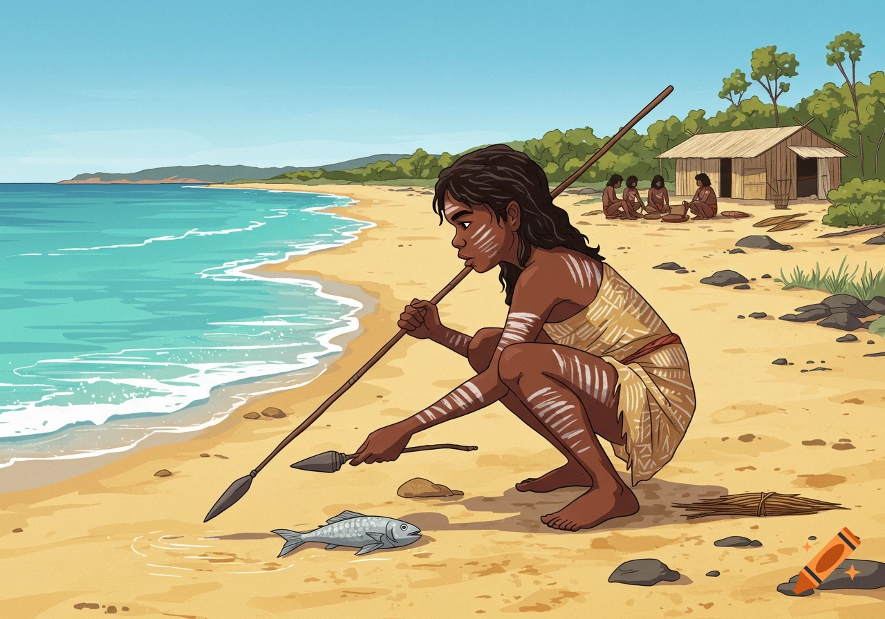 Clipart illustration of an Aboriginal person crouching on a beach, holding a spear to hunt a fish. Other people and a hut are in the background.