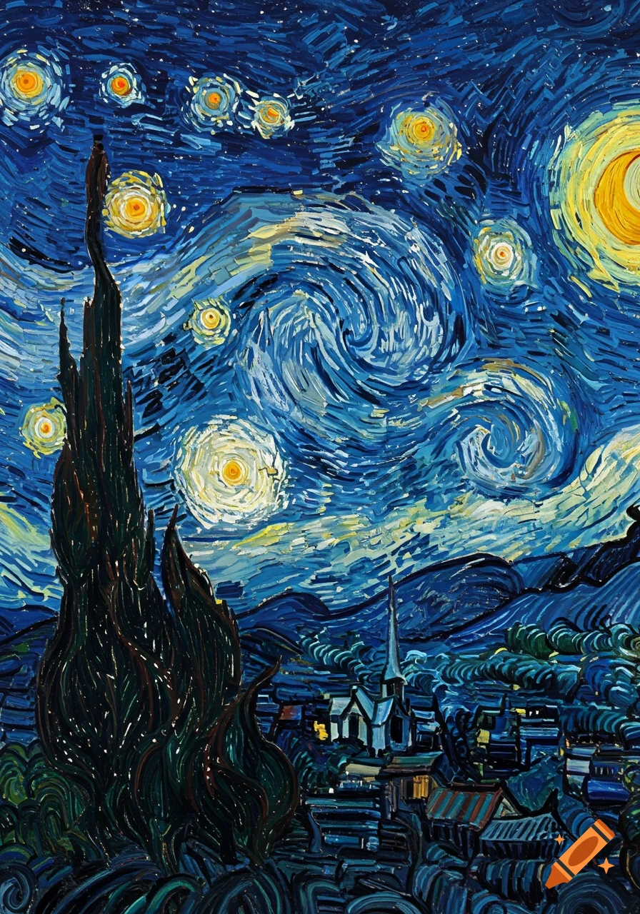 A painting in Van Gogh's style depicting a swirling night sky with bright stars over a village and a dark cypress tree.