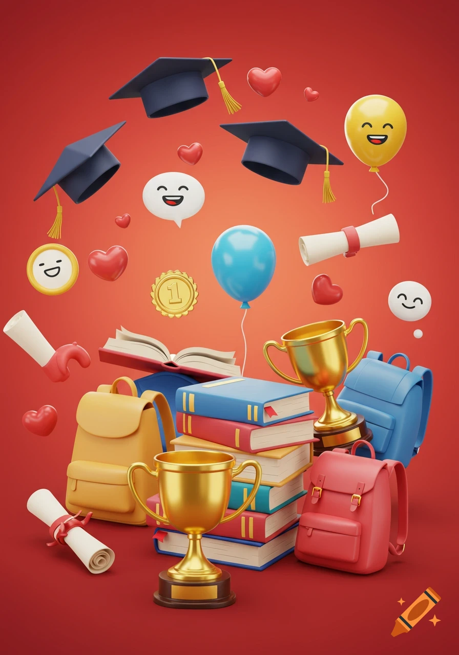 Vibrant 3D illustration of graduation hats, books, backpacks, trophies, balloons, hearts, and happy emojis on red.