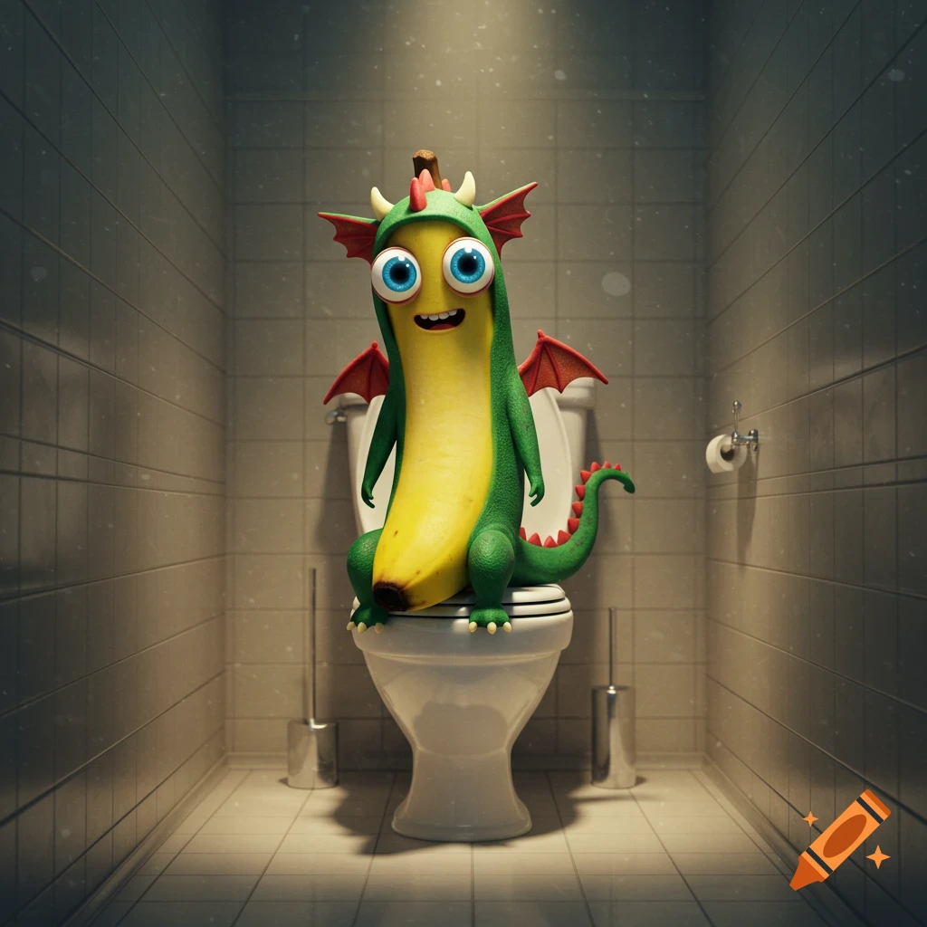 A smiling banana character in a green dragon costume sits on a toilet in a dimly lit, tiled bathroom.