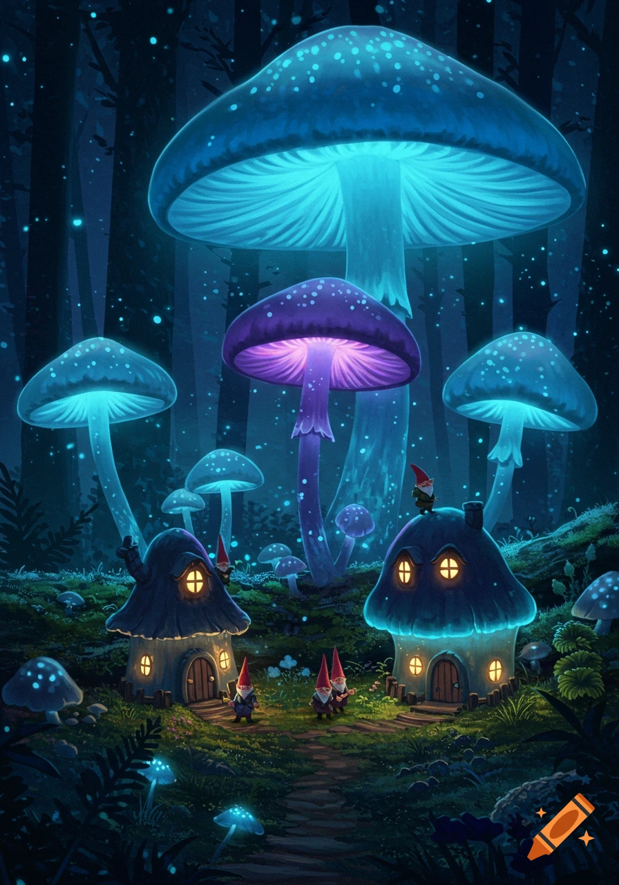 A dark fantasy forest scene with giant, glowing blue and purple mushrooms towering over small gnome houses. Several gnomes are visible on the mossy ground.