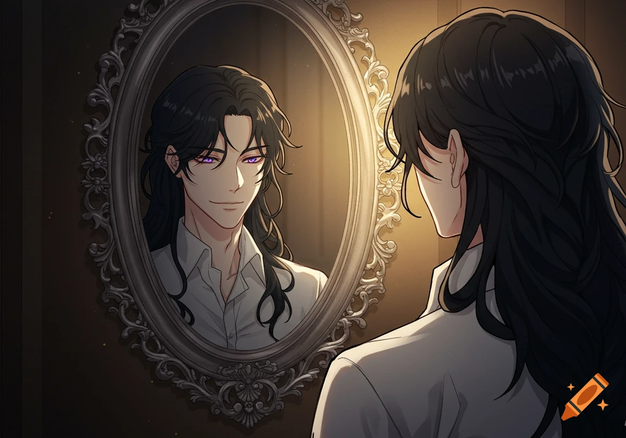 Anime man with long dark hair, wearing a white shirt, looks at his smug reflection with purple eyes in an ornate oval mirror.