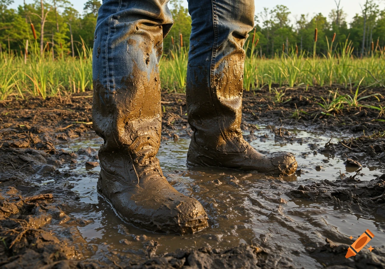 A person's legs in muddy jeans and boots standing in deep brown mud and water, with green reeds and trees in the background.
