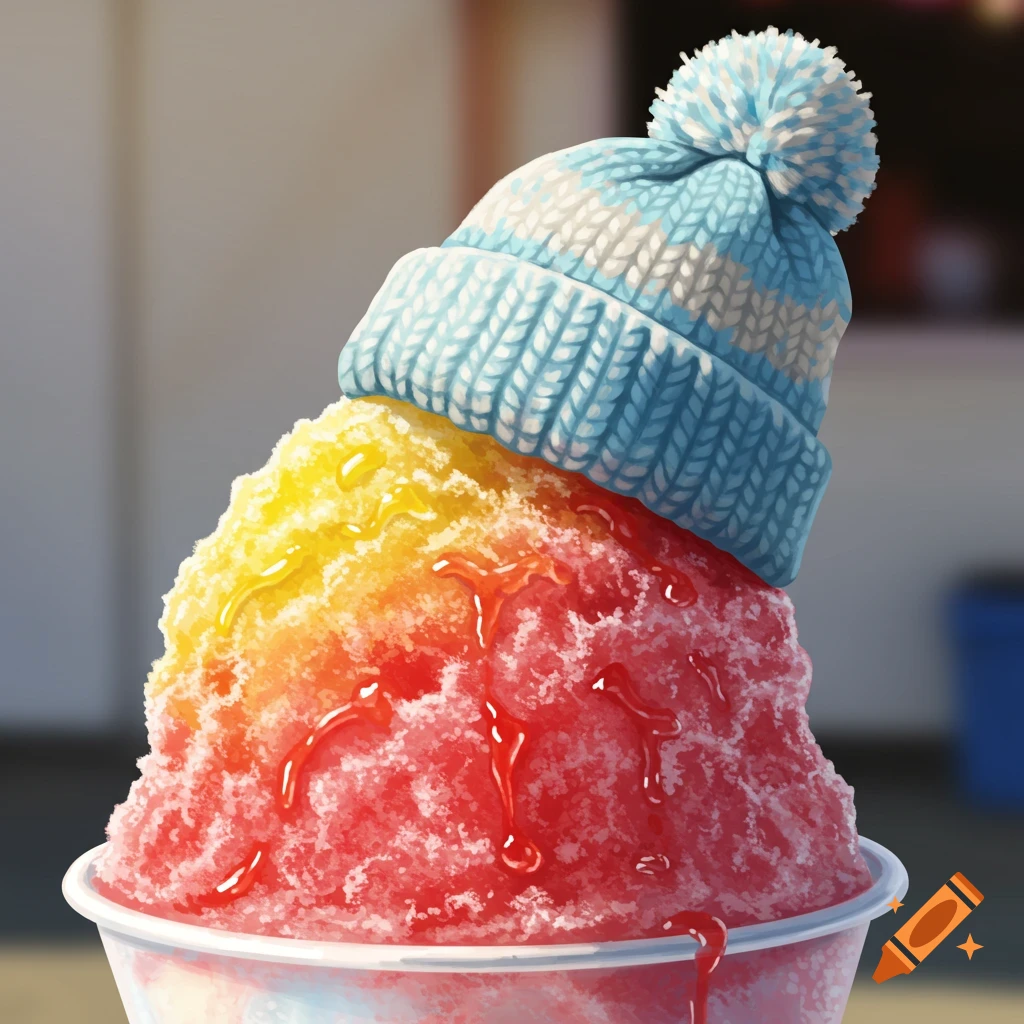 A vibrant yellow and red snow cone topped with a blue and white knit beanie, with syrup dripping down, in a digital art style.