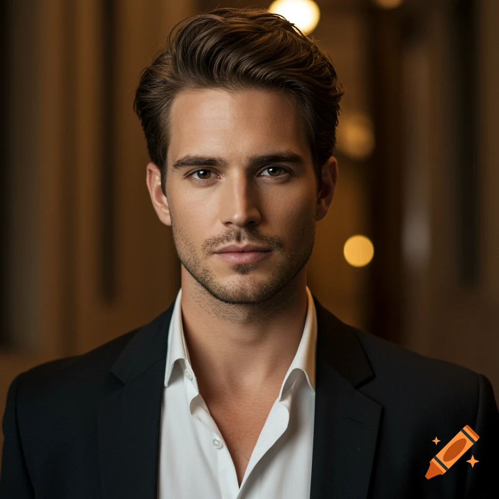 A photorealistic portrait of a handsome man in a suit jacket and white shirt, looking directly at the viewer.