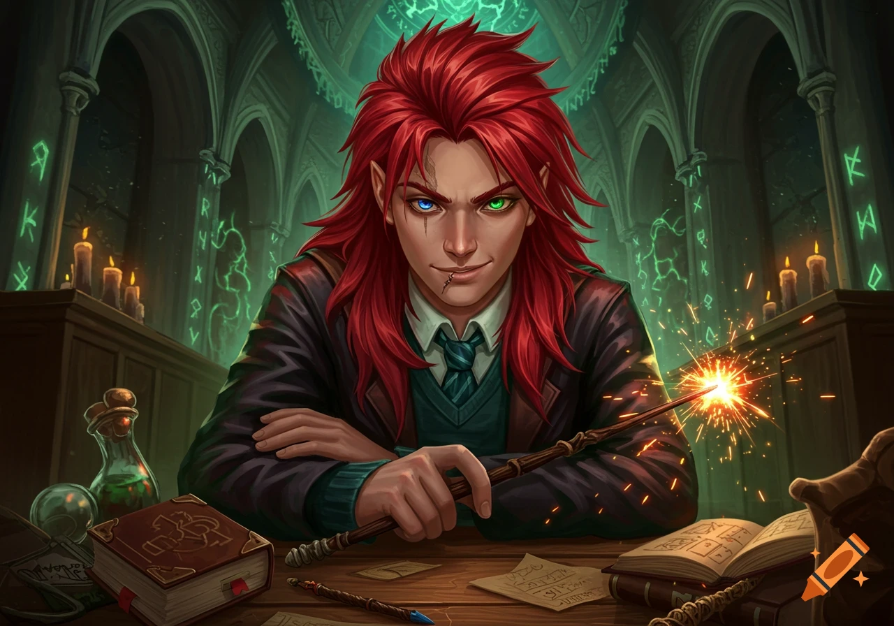 A red-haired magic school delinquent with heterochromia sits at a desk, holding a sparking wand.