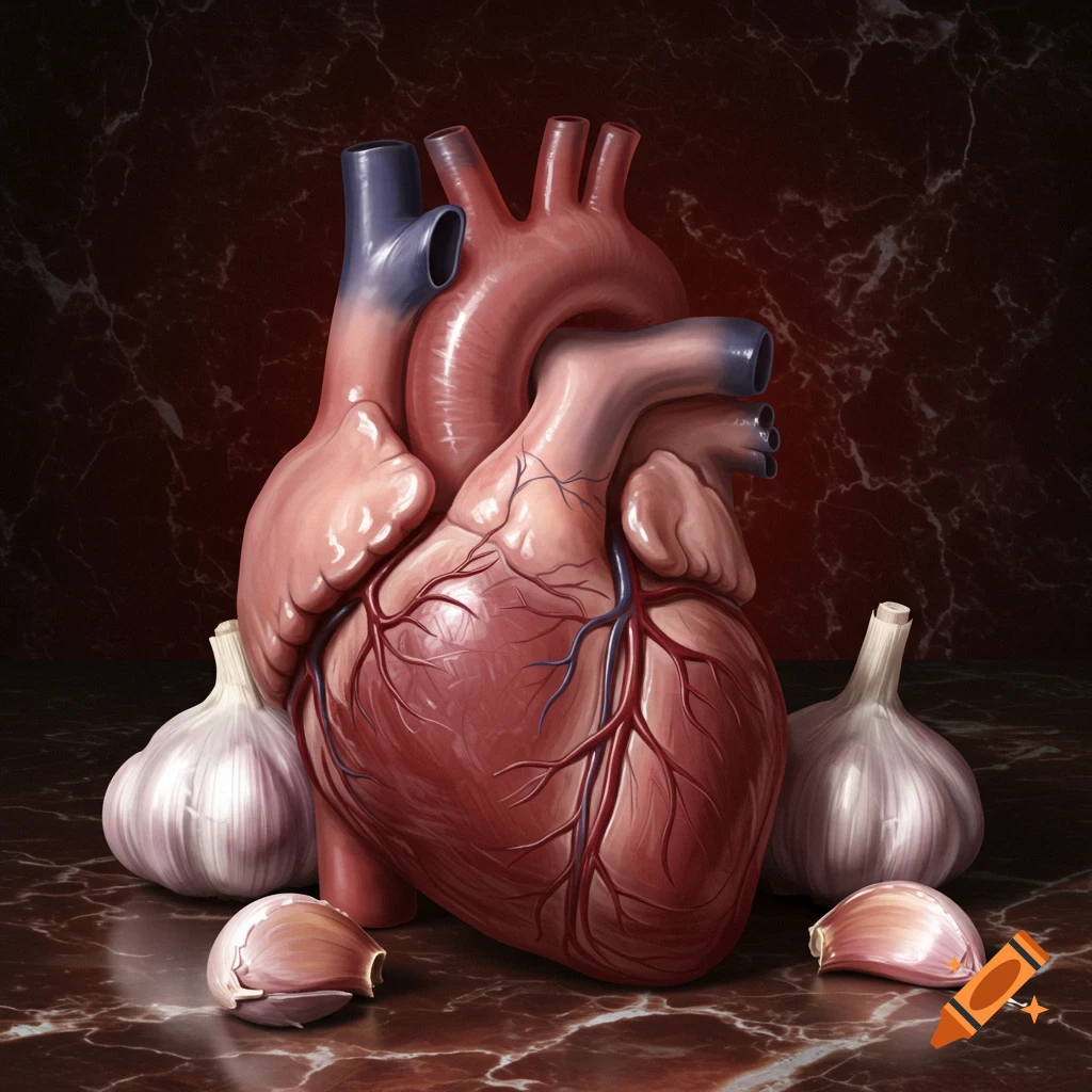 A detailed human heart with surrounding garlic bulbs and cloves rests on a dark marble surface.