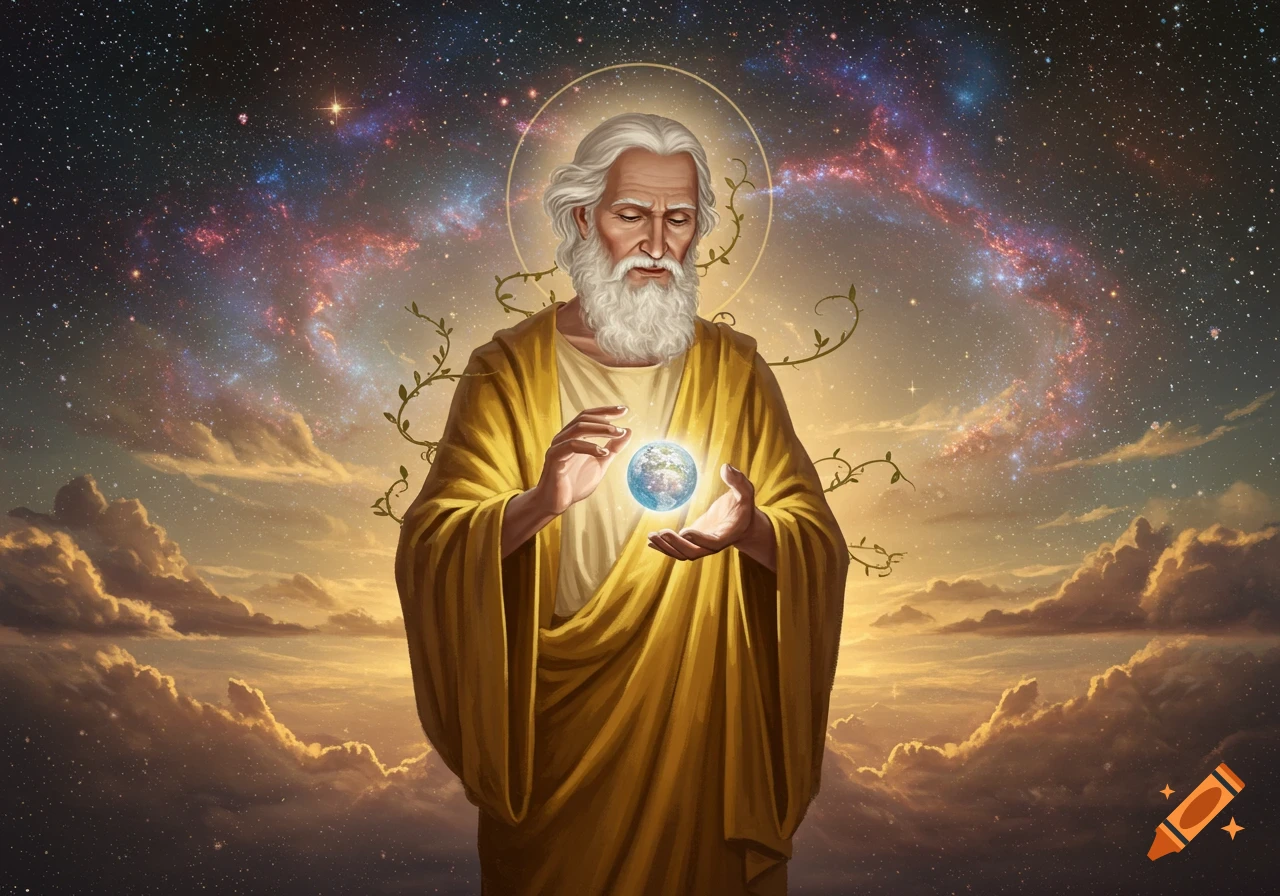 An old man with a long white beard and a halo, dressed in golden robes, holds a glowing Earth in his hands, against a cosmic sky with clouds.