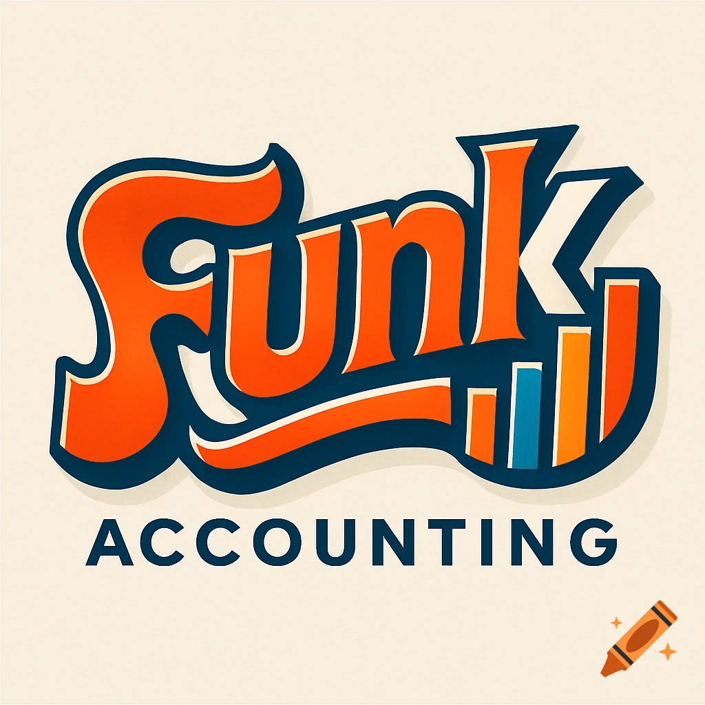 A retro-style logo for Funk Accounting, featuring bold orange and blue text on a cream background with a subtle grain.