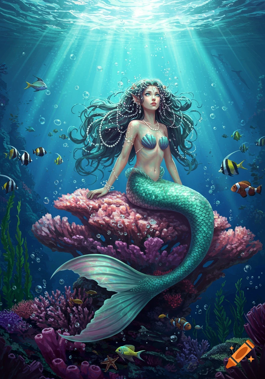 Vibrant fantasy art of a mermaid with long hair and a teal tail, sitting on pink coral underwater with fish and light rays.