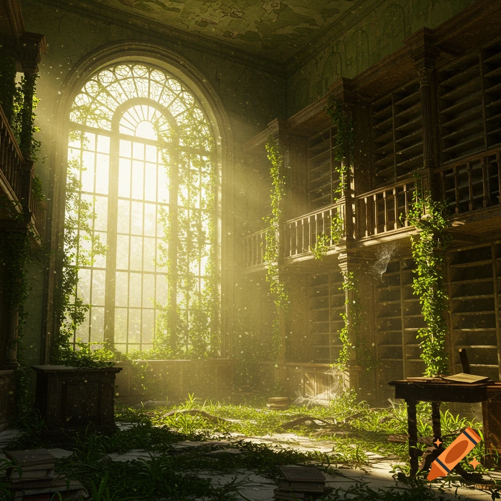 Sunlit, overgrown abandoned library with a large arched window, tall bookshelves, and green vines covering the walls and floor.