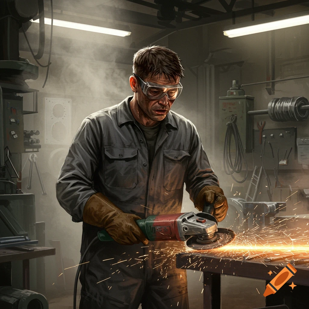 A man in safety glasses and gloves uses an angle grinder in a workshop, creating sparks.