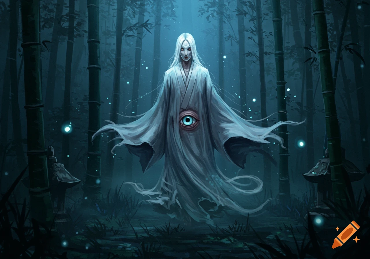 A ghostly figure with white hair and an eye on its chest floats in a dark, mystical bamboo forest with glowing blue particles.