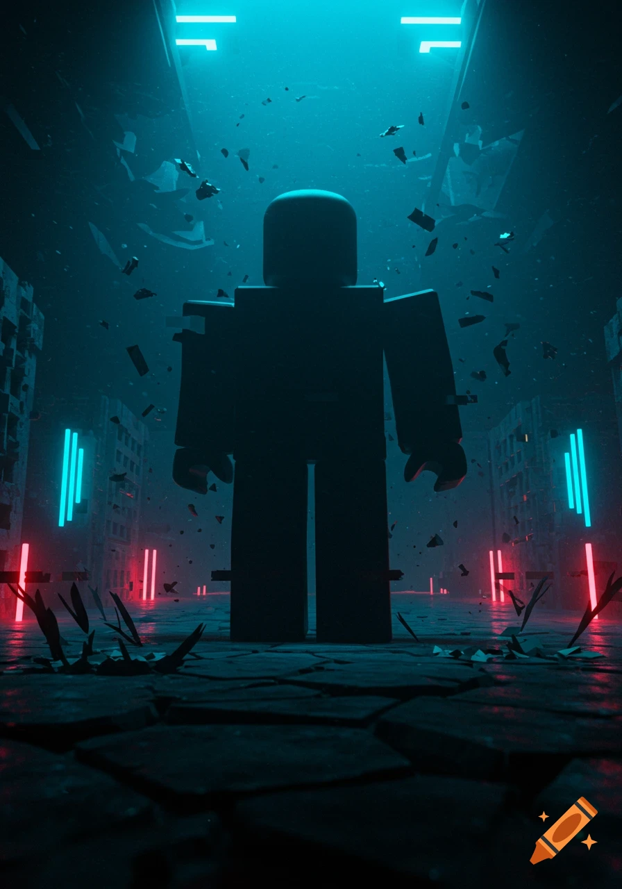 A tall, black, faceless Roblox-like figure stands in a dark, ruined city lit by neon blue and red lights with debris floating around.