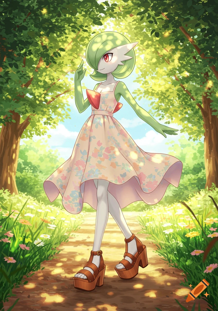 Gardevoir in a floral summer dress and sandals walks on a sunlit path through a lush forest, depicted in an anime art style.