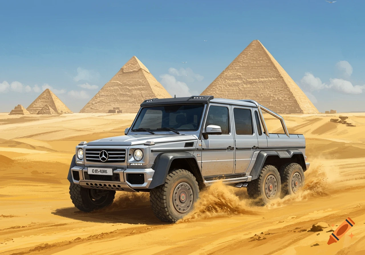 A silver Mercedes G-wagon 6x6 drives through a sandy desert with ancient Egyptian pyramids in the background under a blue sky.