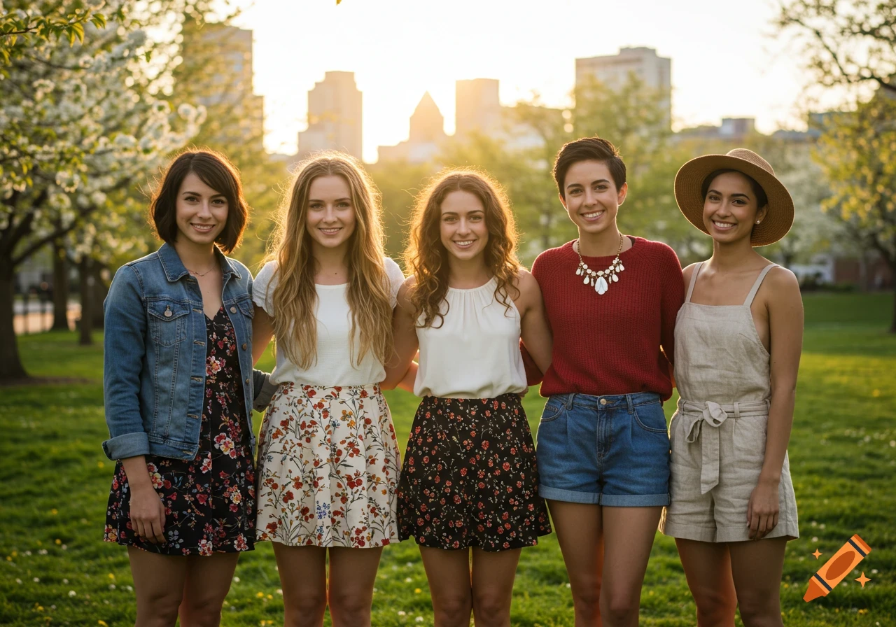 Five young women stand side-by-side, smiling at the camera in a sunny park with trees and buildings in the background.