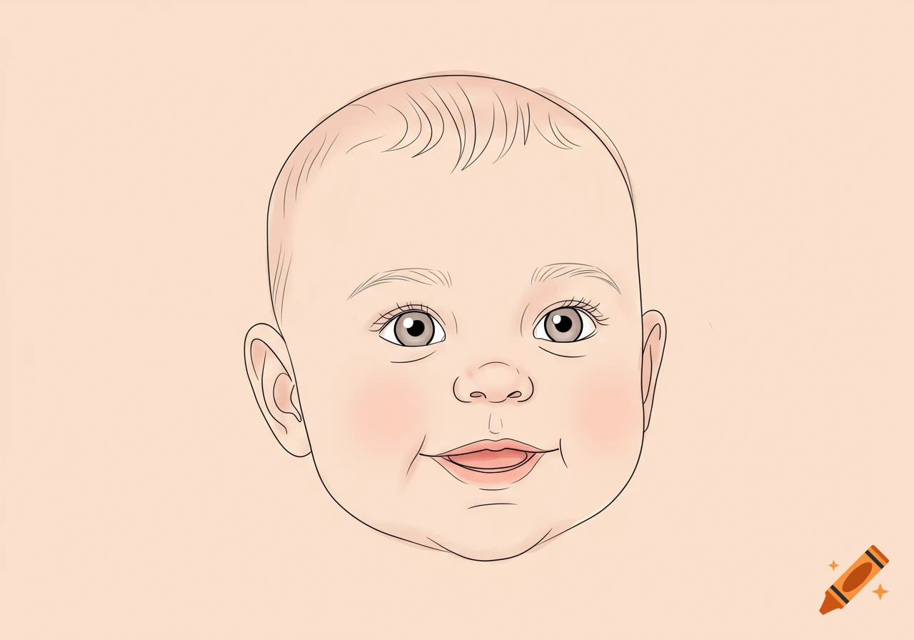 A simple line drawing of a baby's head with a smiling expression, light skin, and rosy cheeks on a plain background.