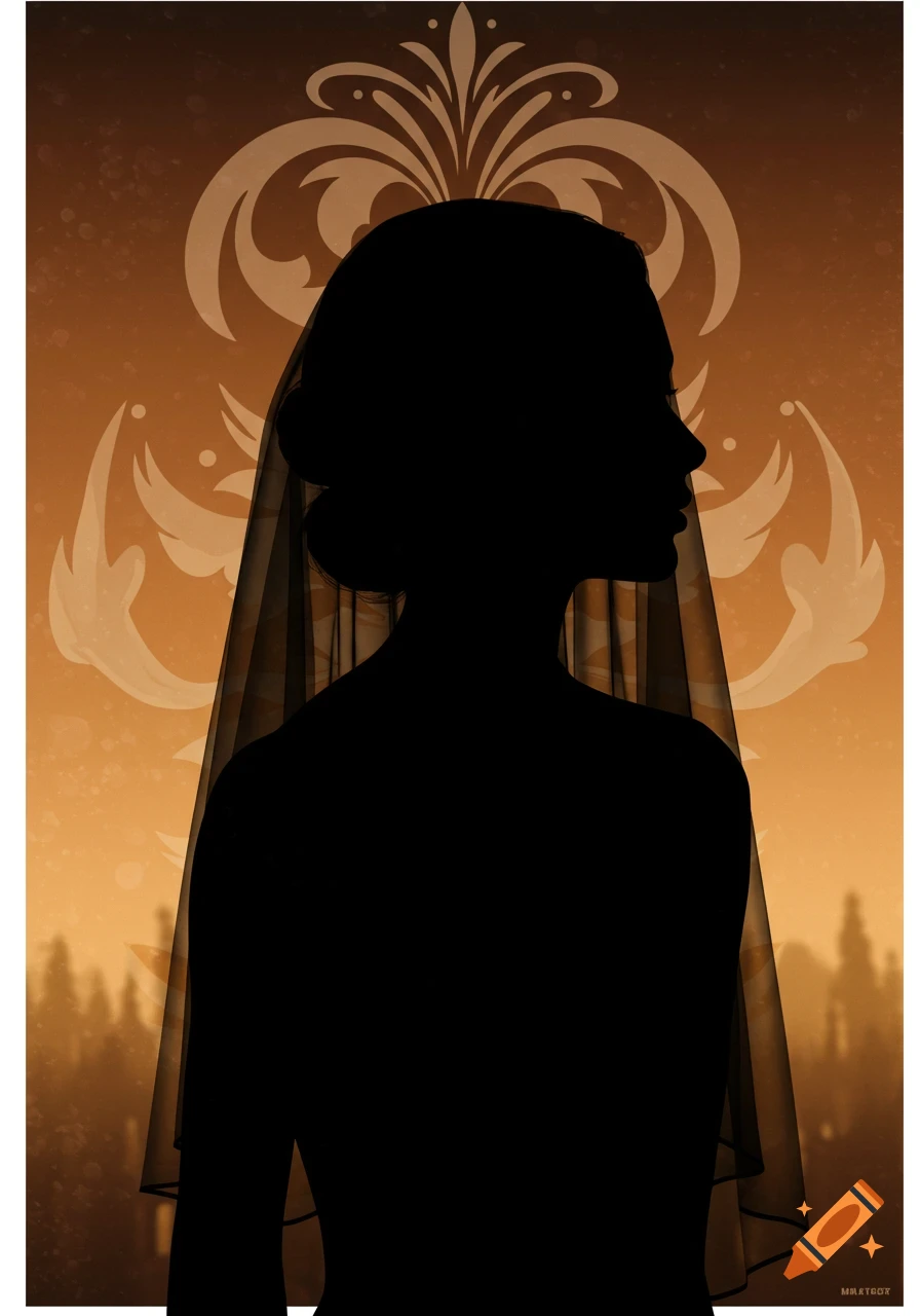 Stylized vintage poster of a woman's black silhouette in profile, wearing a sheer veil against an ornate brown and orange background.