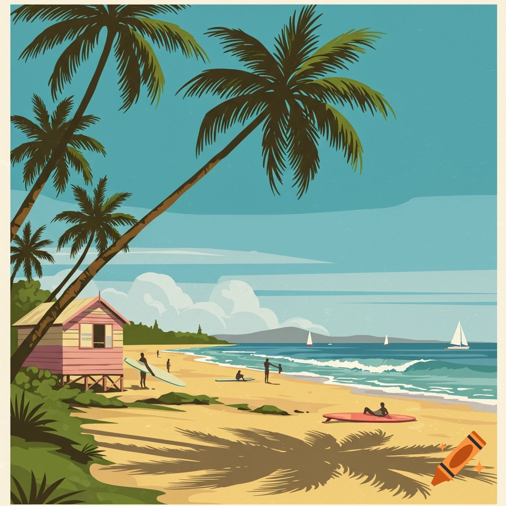 A vintage-style vector illustration of a tropical beach with palm trees, a pink beach house, people, surfboards, and sailboats on the ocean.