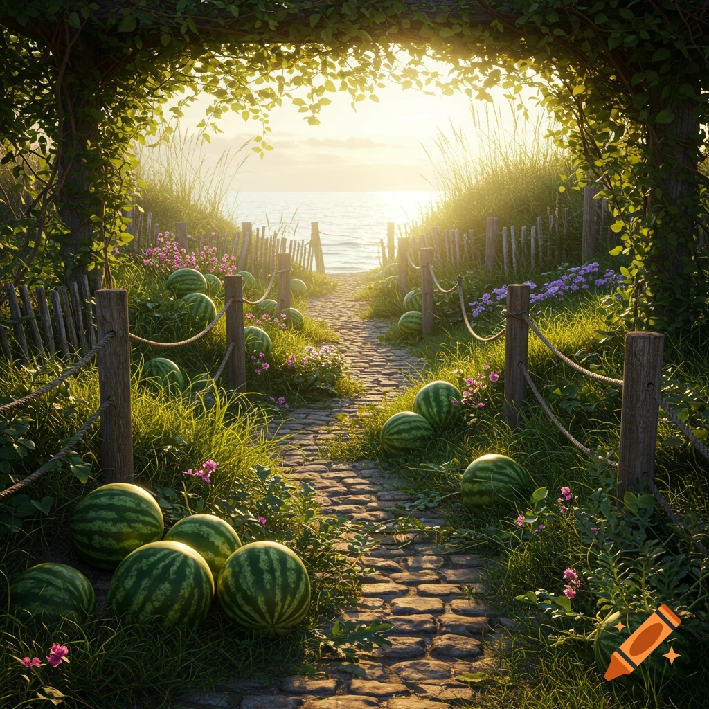 Photorealistic image of a cobblestone path lined with watermelons, leading through a leafy archway to a sunny beach and ocean at sunset.