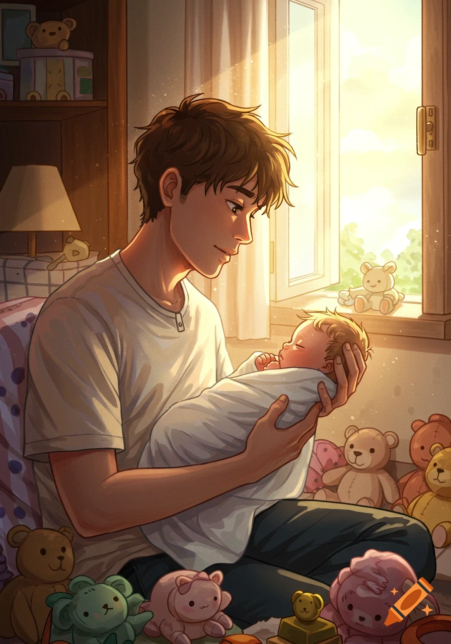 An illustrated image of a man gently holding a swaddled baby in a warm, sunlit room filled with teddy bears.