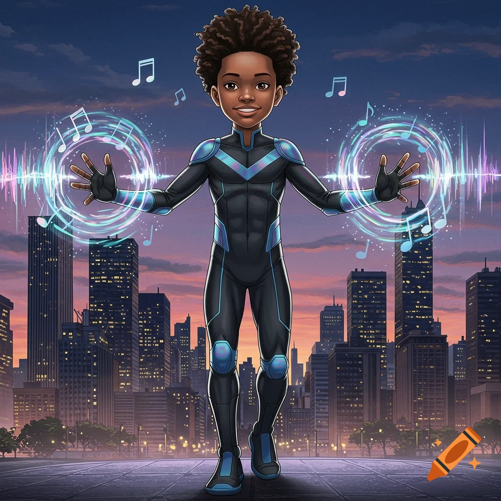 A cartoon superhero boy with an afro, wearing a black and blue suit, conjures musical notes and sound waves with his hands in a city at dusk.