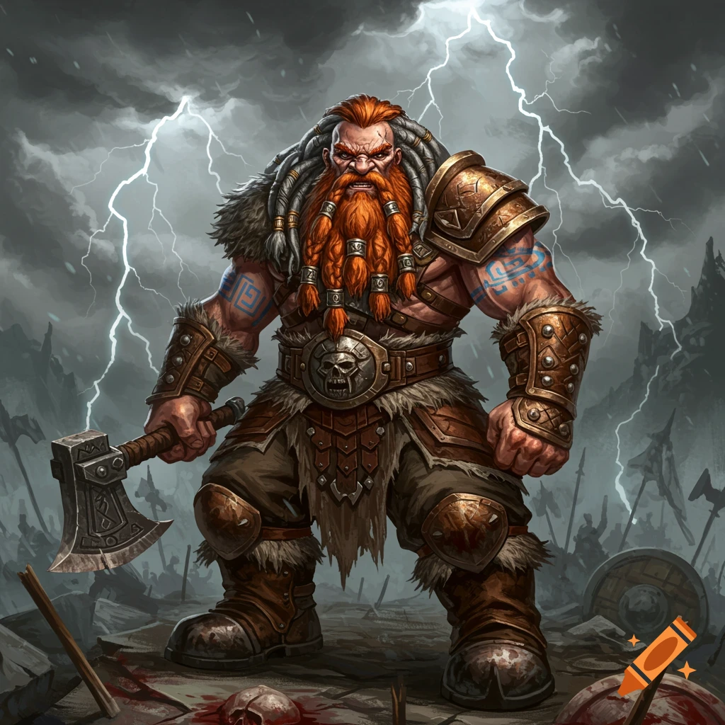 A powerful dwarf barbarian with a red beard, grey dreadlocks, and ornate armor stands in a stormy battlefield holding a battle axe.