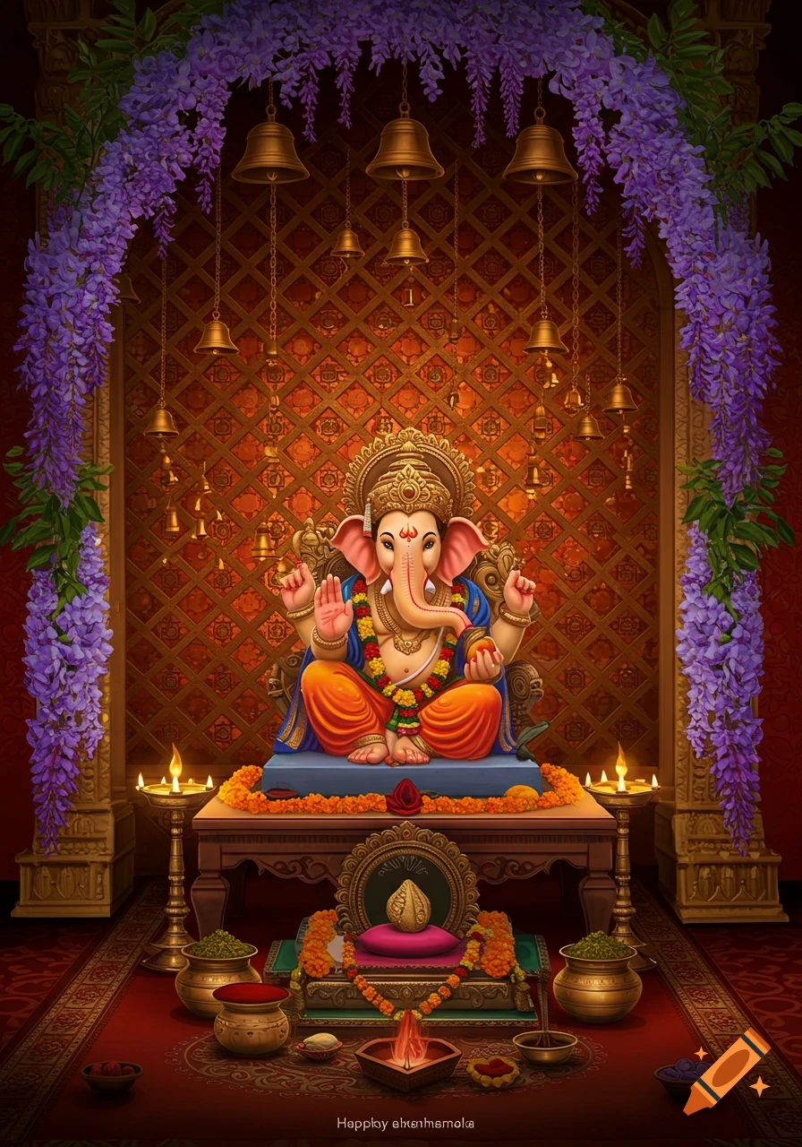 A colorful idol of Lord Ganesha seated on a throne in a decorated temple setting with purple wisteria, hanging bells, and lit lamps.