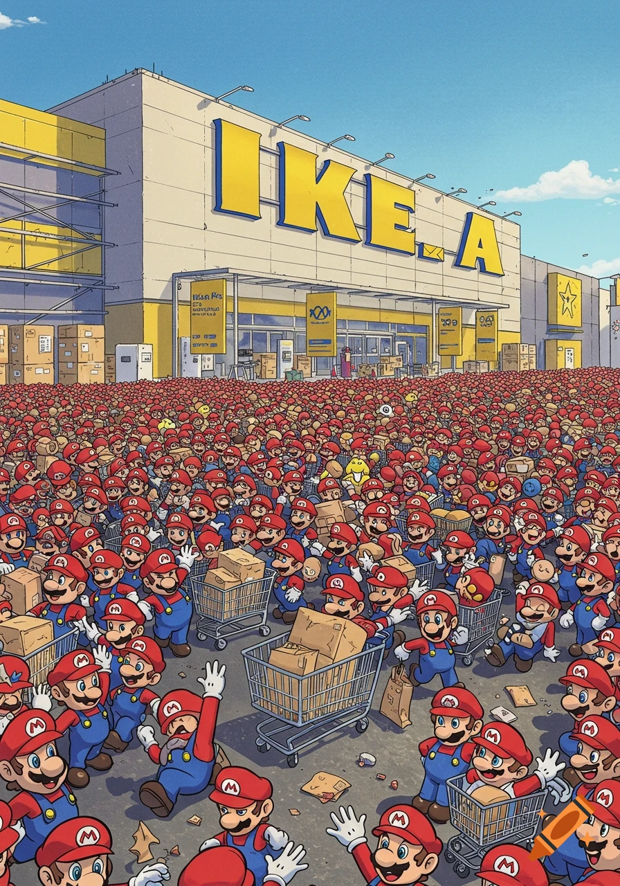 A massive crowd of cartoon Mario characters stands outside a large IKEA store, many pushing shopping carts with boxes, under a blue sky.
