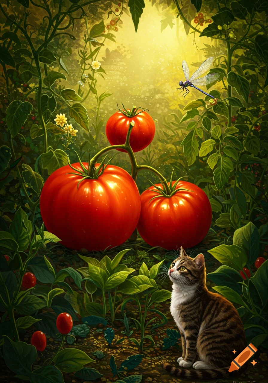 A brown and white tabby cat sits in a whimsical, brightly lit garden looking up at a dragonfly, surrounded by giant, glowing red tomatoes and lush green plants.
