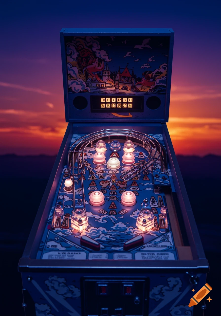 A photorealistic image of a vintage pinball machine lit up against a vibrant purple and orange sunset sky.