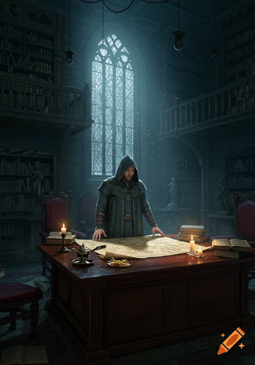 A man in a hooded robe stands over a map on a large wooden desk in a dimly lit, gothic library with a tall arched window.