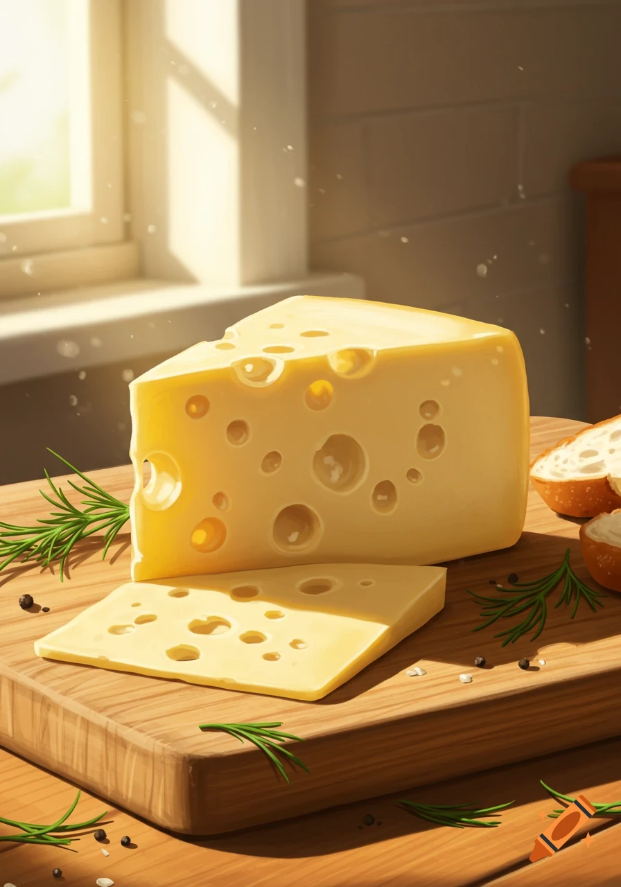 A large wedge of Swiss cheese and a sliced piece on a wooden cutting board with rosemary sprigs, bread, and spices, illuminated by sunlight.
