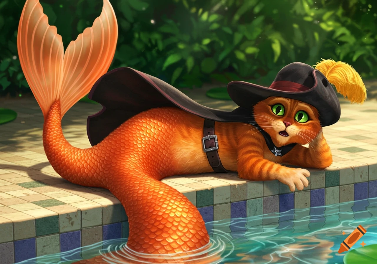 Puss in Boots, with green eyes and a black cape, lies by a pool with an orange mermaid tail in the water.
