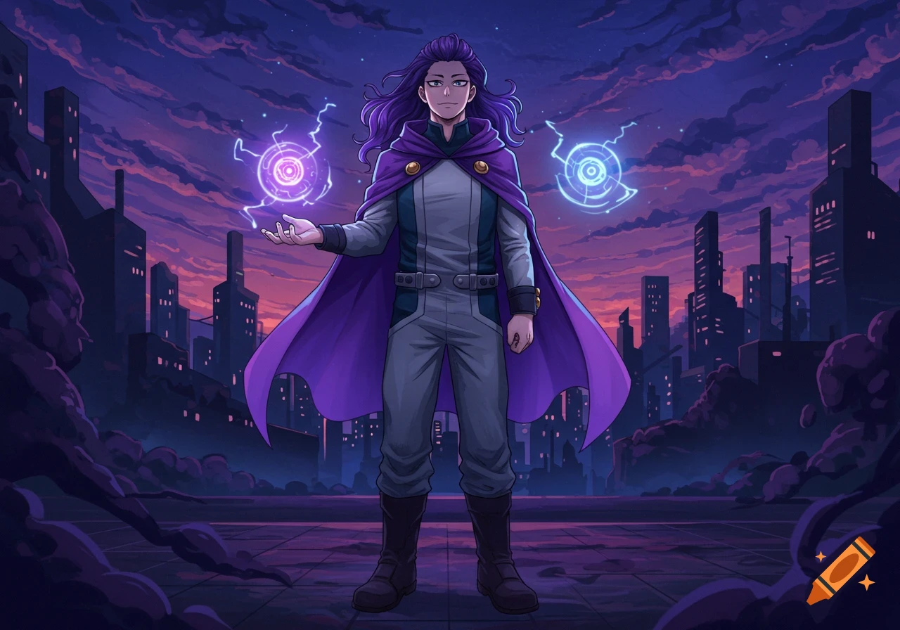 A male character with long purple hair, a purple cape, and a gray jumpsuit stands with glowing energy orbs against a purple sunset city skyline in an anime style.