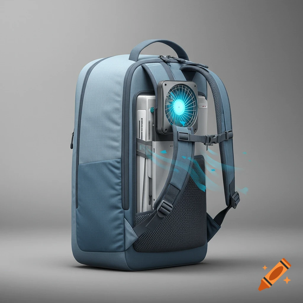 A blue-grey backpack stands upright, featuring a prominent cooling fan with glowing blue blades and air effects on its back.