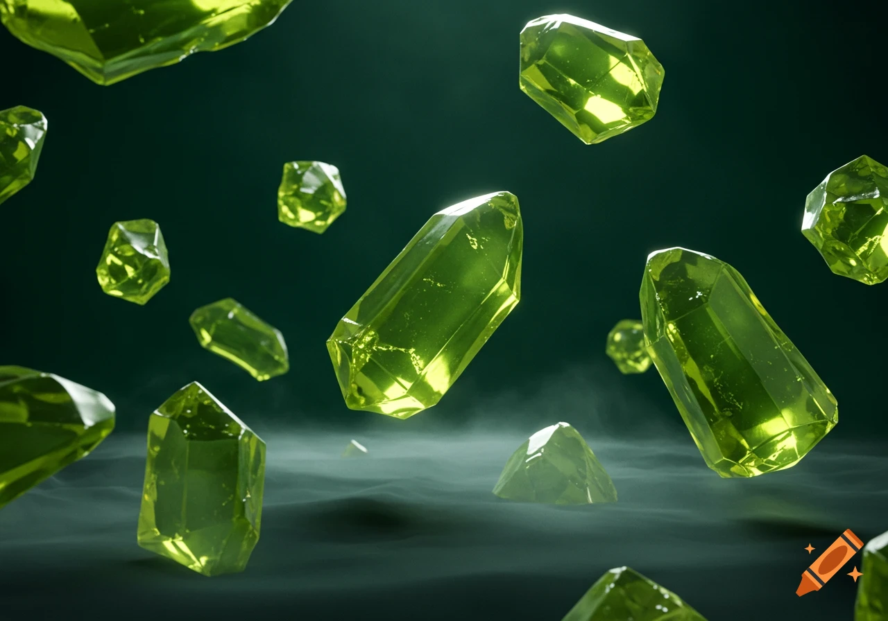 Bright green peridot crystal shards float amidst a dark emerald, misty background.