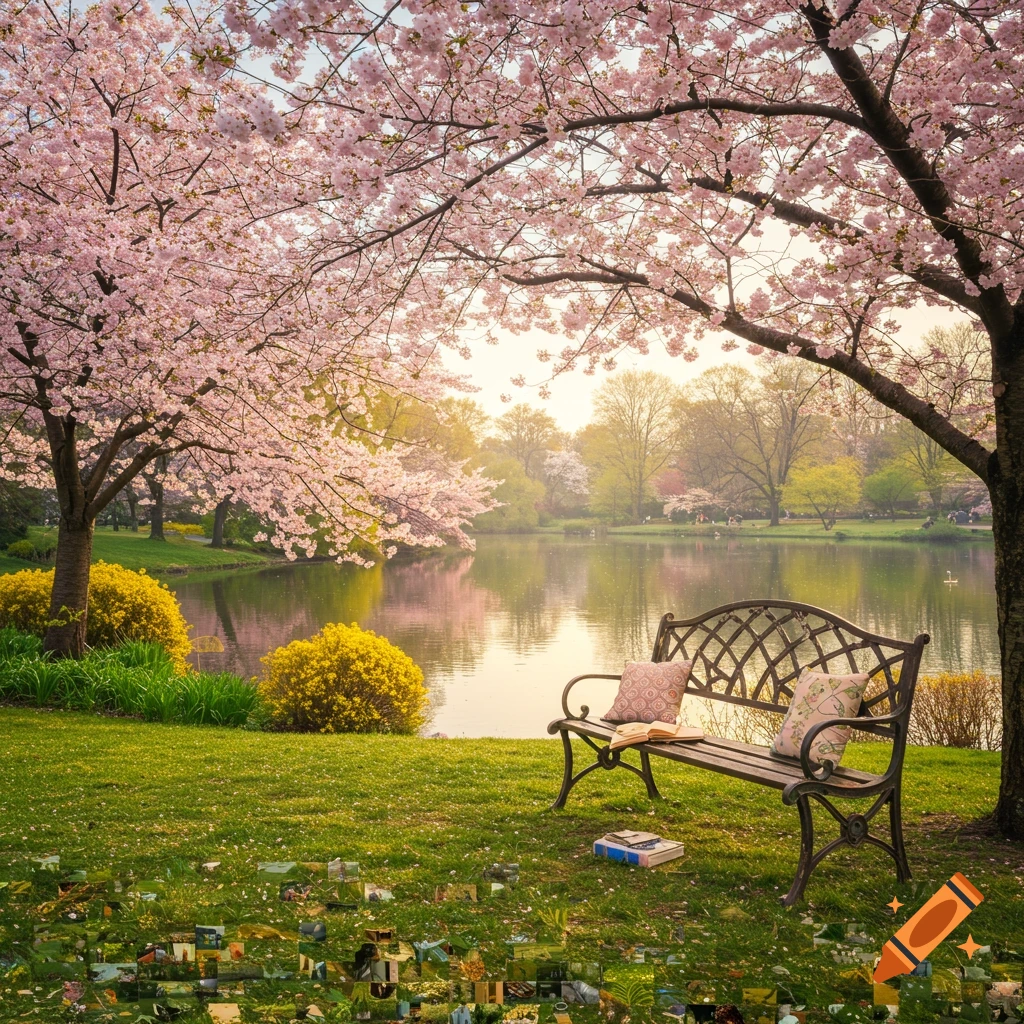 A serene park scene with cherry blossom trees, a lake reflecting the sky, and a metal bench with pillows and books on green grass.