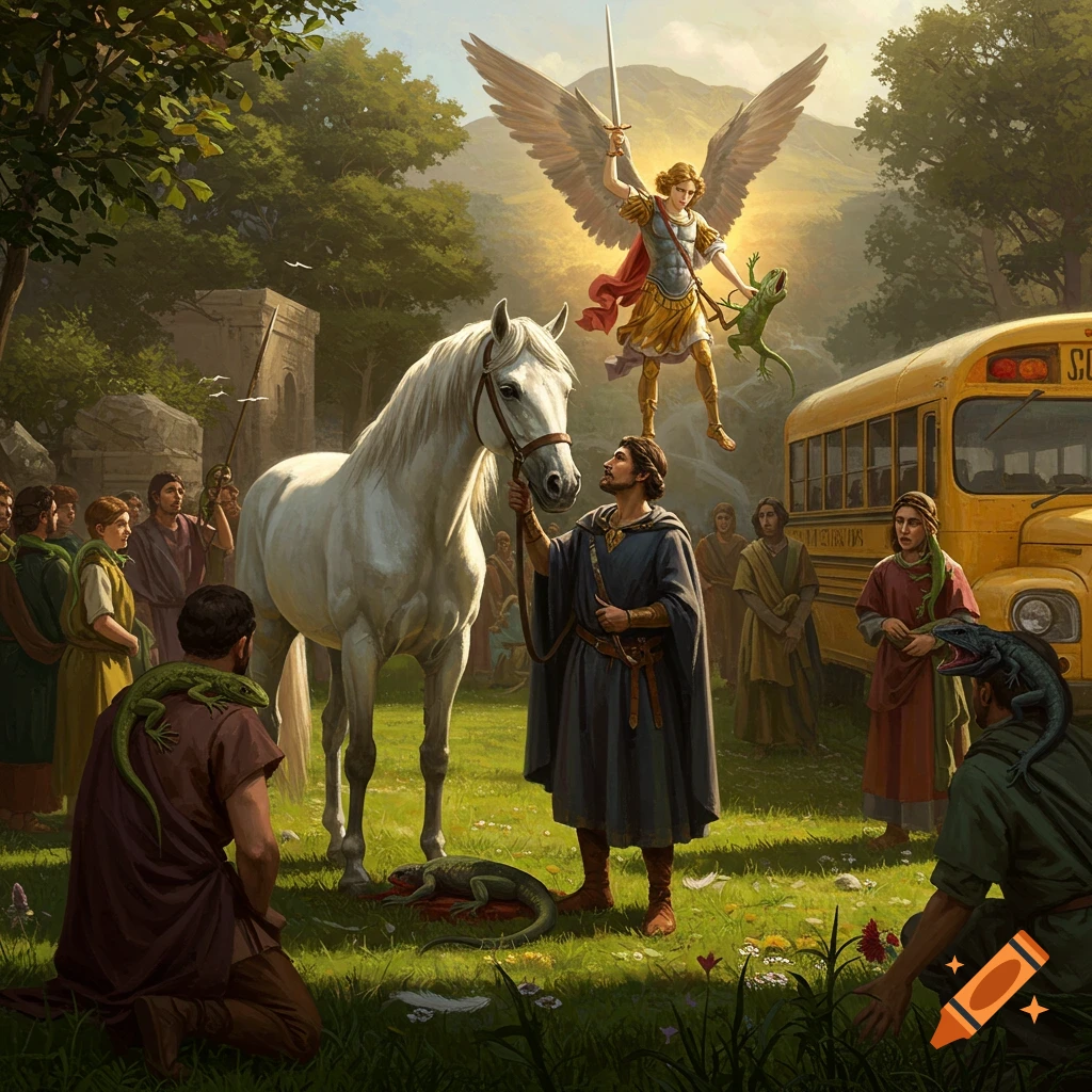 Renaissance-style painting of Saint Michael the Archangel slaying a lizard, with a man holding a white horse and people with lizards on their shoulders. A yellow school bus is in the background.