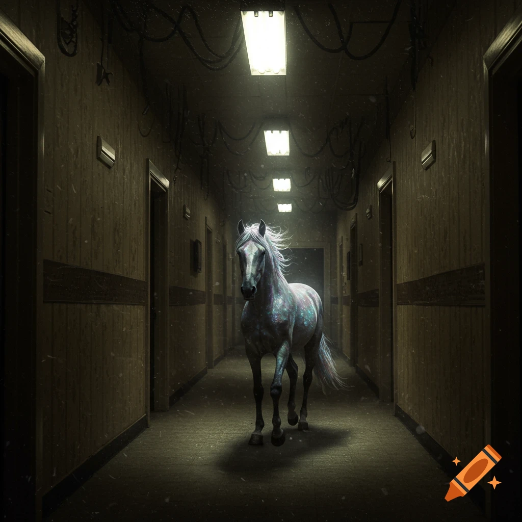 A pearlescent white horse walks down a long, dark, dilapidated corridor lit by fluorescent lights, resembling the backrooms.