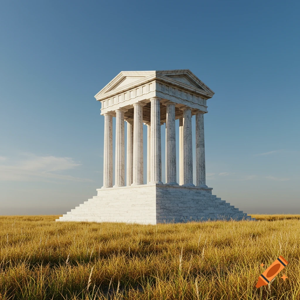 A classical white marble temple with columns and steps stands in a vast field of golden grass under a clear blue sky.