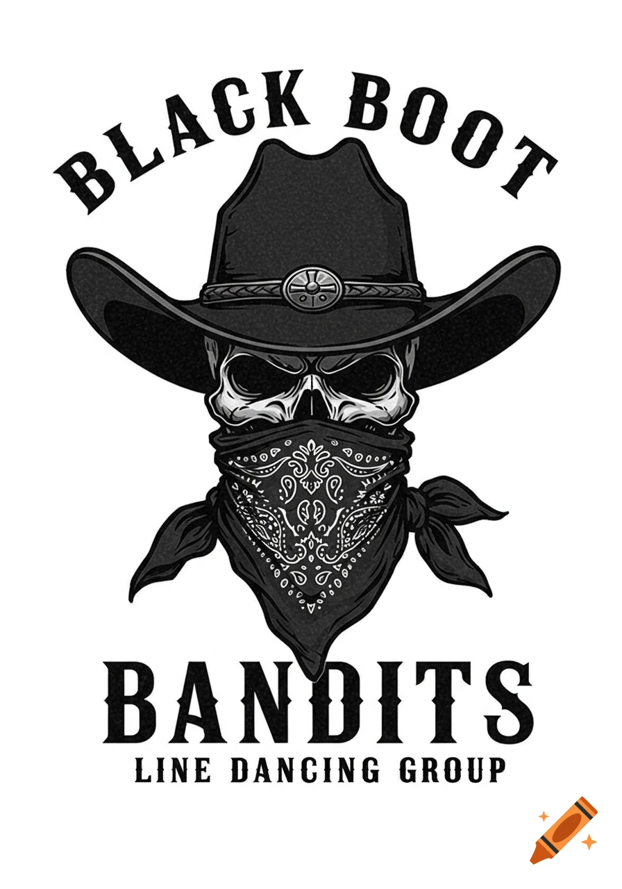 Black and white illustration of a skull in a cowboy hat and bandana, with 'BLACK BOOT BANDITS LINE DANCING GROUP' text.