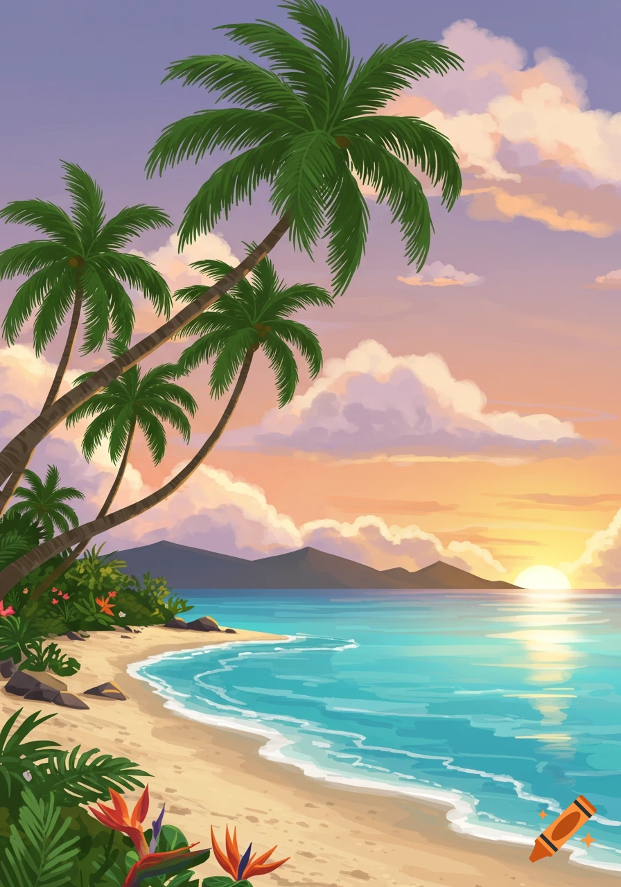 Tropical beach illustration at sunset with palm trees, blue water, and sandy shore.
