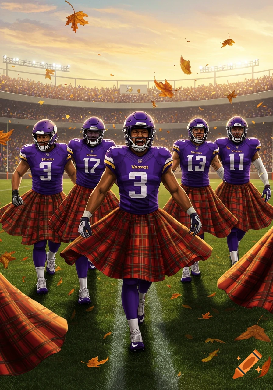 Photorealistic image of five Minnesota Vikings football players wearing red plaid kilts and purple jerseys on a football field under a sunset sky with autumn leaves falling.