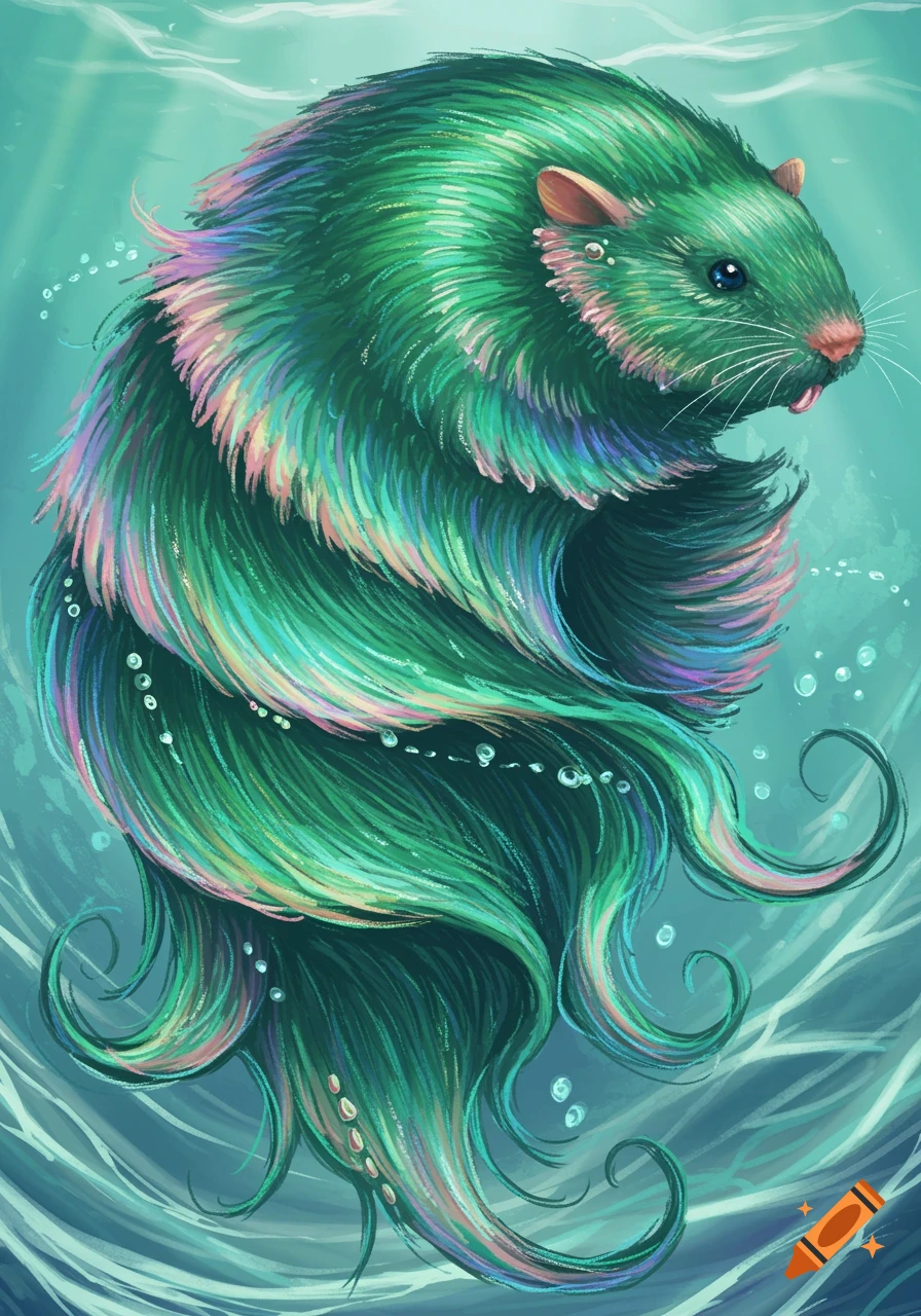 A vibrant green fantastical creature resembling a fluffy rodent with flowing, colorful fur and a long wavy tail, swimming underwater with bubbles.
