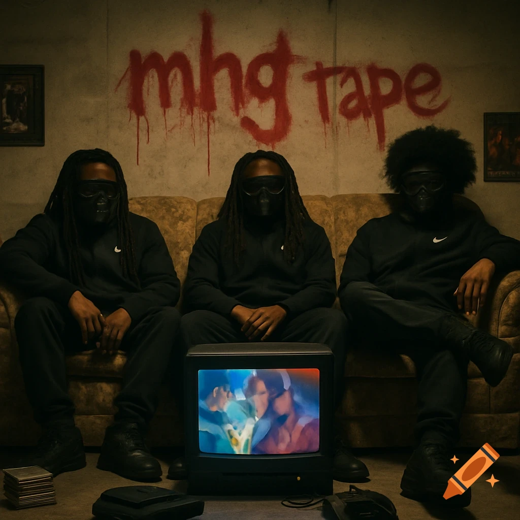 Three masked men in black tech suits sit on a couch in a dimly lit, grungy room, watching a TV. Red graffiti "mhg tape" is on the wall.