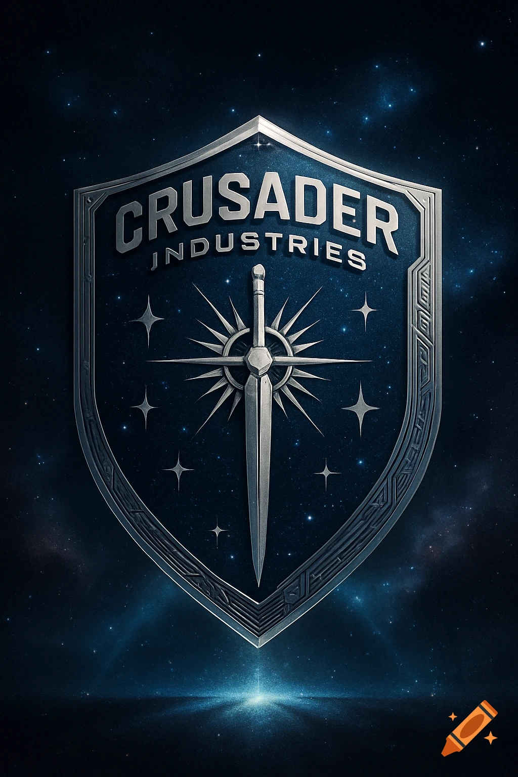 A detailed silver and blue emblem for 'Crusader Industries' featuring a sword and stars, set against a dark starry background.