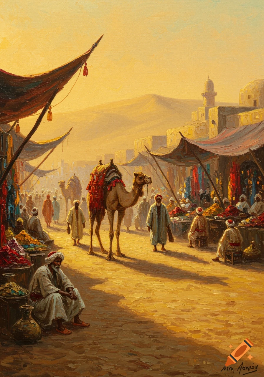 An oil painting of a busy Arabian market with people, camels, and tents under a golden desert sky.